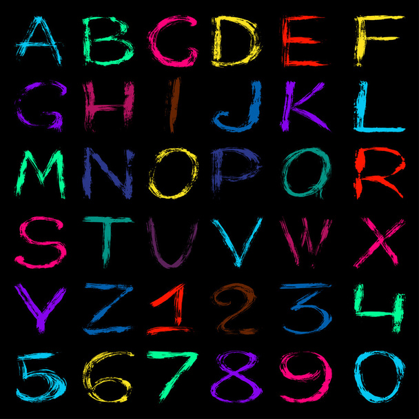 colored graffiti alphabet and numbers on a black background vector illustration - Wektor, obraz