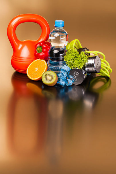 fitness equipment and healthy food  - Foto, Imagem