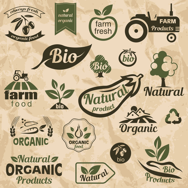 Bio, organische, natuurlijke voeding etiketten en emblemen - Vector, afbeelding