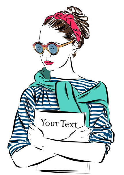 beautiful woman in sunglasses with journal vector illustration eps 10 - Vector, Image