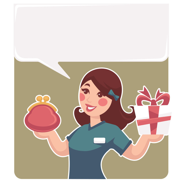 take your present funny cartoon woman with gift box - Vector, imagen