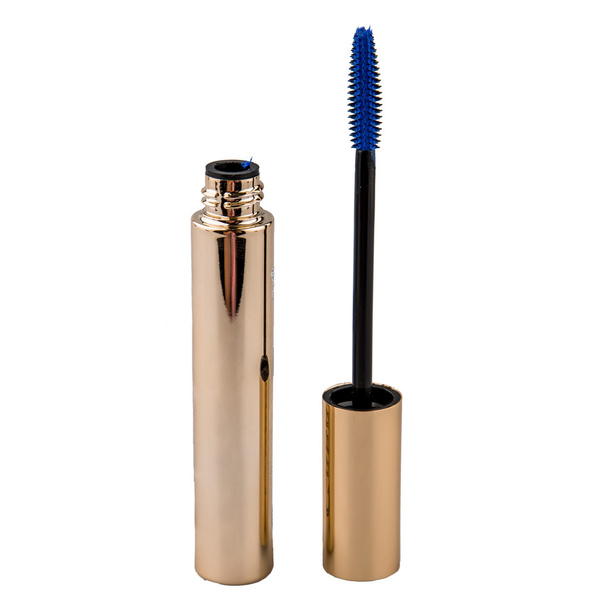 Blue mascara wand and tube isolated on white - Photo, Image