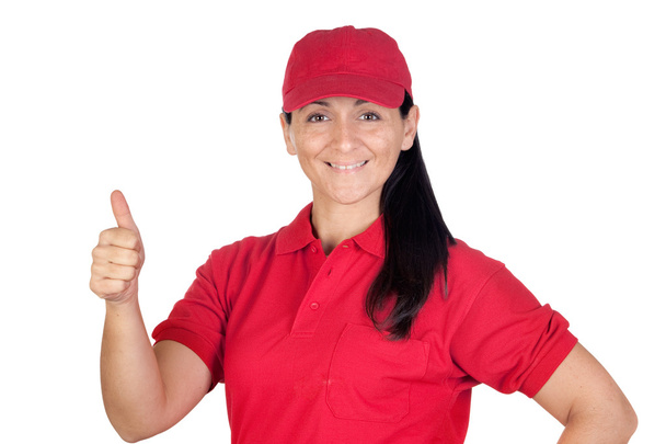 bruneta prodejce s červeným jednotné říká ok - Fotografie, Obrázek