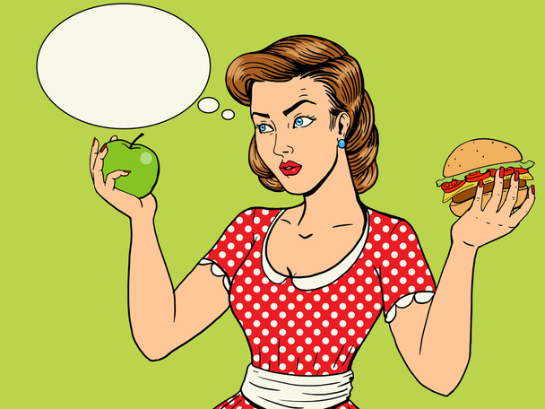 Young woman with apple and burger pop art vector - Vektor, kép