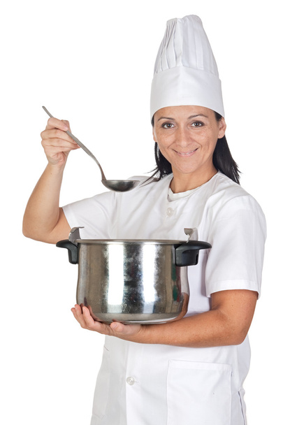 Jolie fille cuisinière penser avec un pot et une louche
 - Photo, image