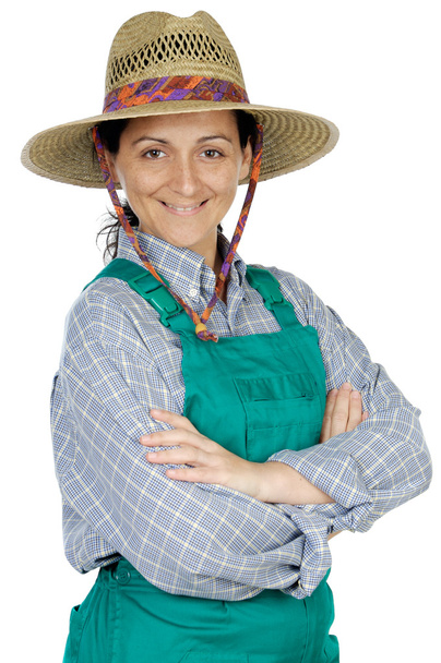 Attractive happy woman dressed gardener - Фото, изображение