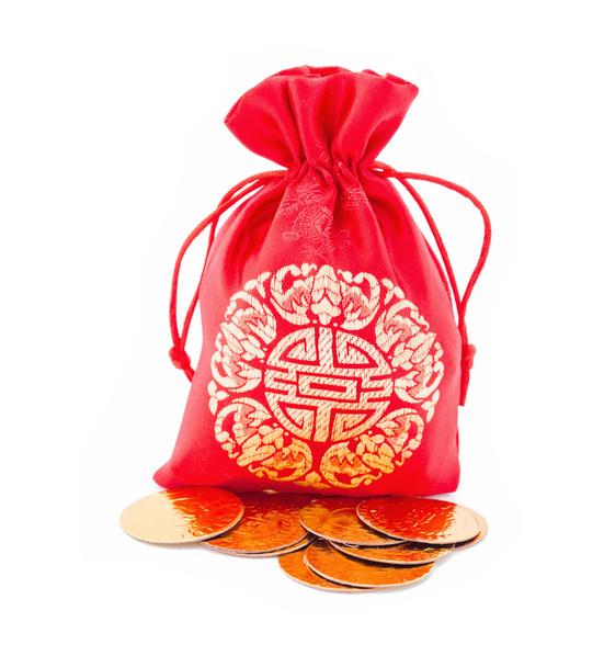 Chinesische Neujahrsgeschenktüte und Goldbarren-Ornament. - Foto, Bild