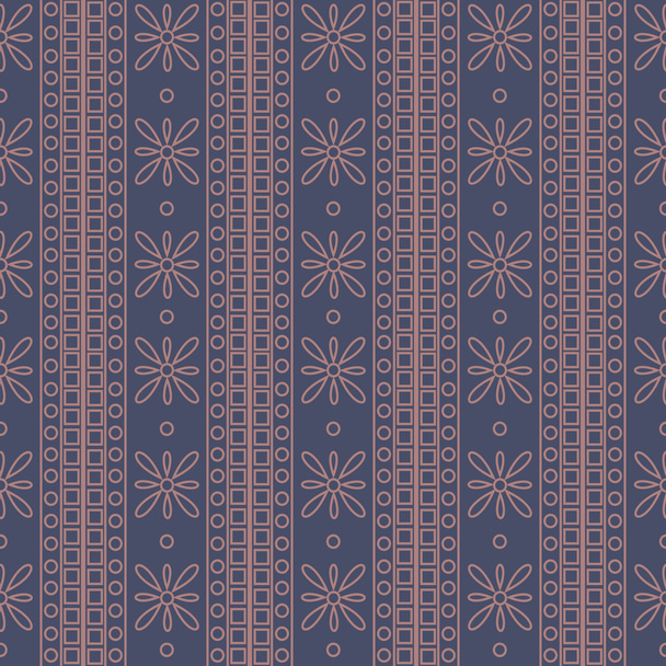 Seamless vector pattern. Symmetrical geometric background with squares and flowers on the dark blue backdrop. Decorative ornament - Διάνυσμα, εικόνα