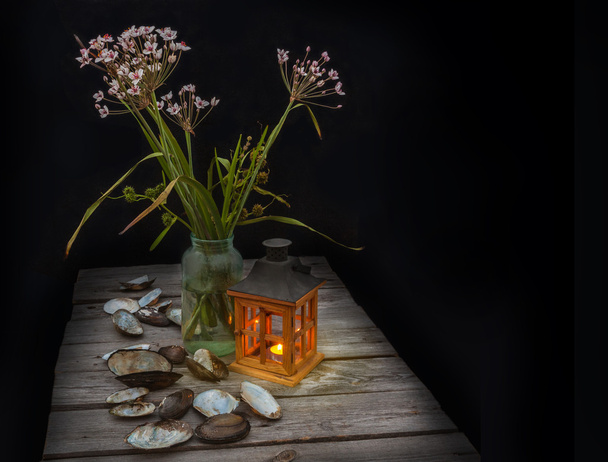Лампа, мушлі і букет квітів
 - Фото, зображення