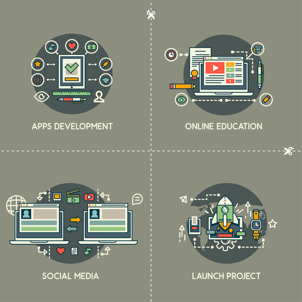 Apps, ontwikkeling, sociale media, online onderwijs lancering project - Vector, afbeelding