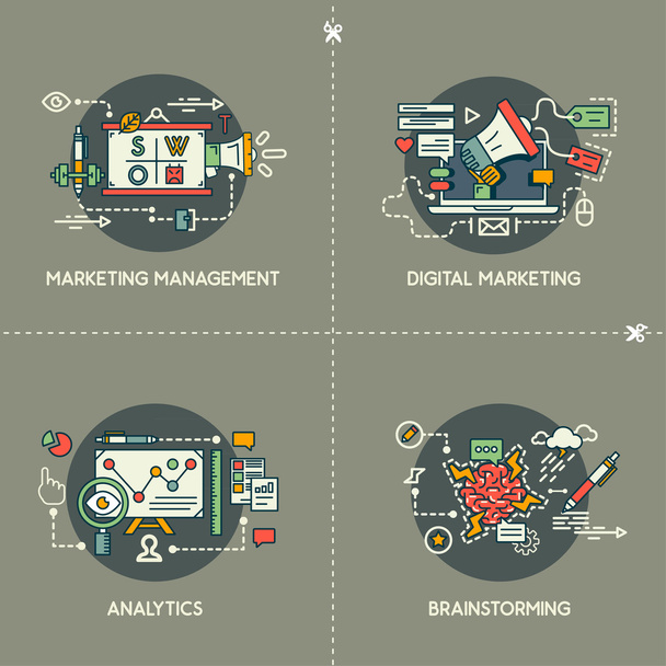 Bemarkingsbestuur, digitale marketing, analytics, brainstormen - Vector, afbeelding