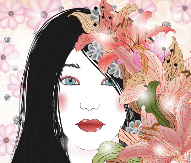 Portret van een mooie brunette met bloemen - Vector, afbeelding