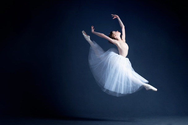 Young ballerina with a perfect body is dancing in the photostudio in different dresses - Photo, Image