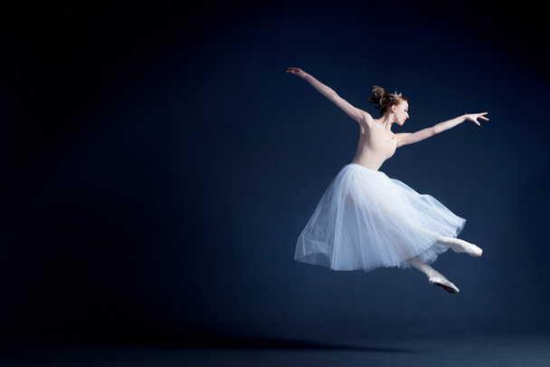 Young ballerina with a perfect body is dancing in the photostudio in different dresses - Φωτογραφία, εικόνα