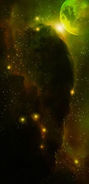 星雲、宇宙、星、緑の宇宙抽象的な背景. - 写真・画像