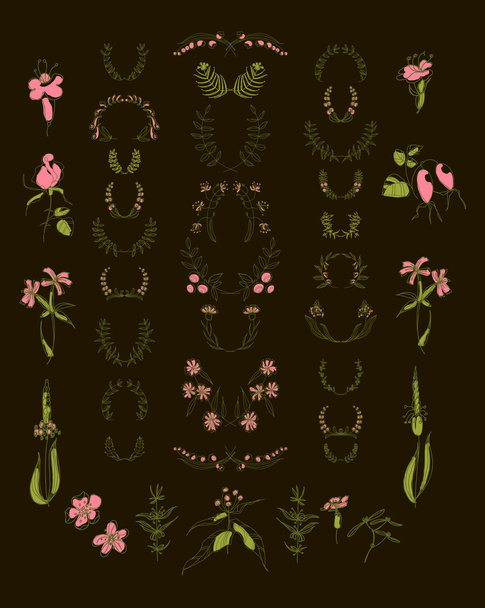 Set of symmetrical floral graphic design elements. Black background. - Vector, Image