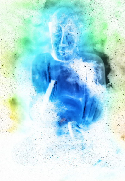 Boeddha in ruimte en sterren, galaxy achtergrond. computer collage. Religie concept. - Foto, afbeelding