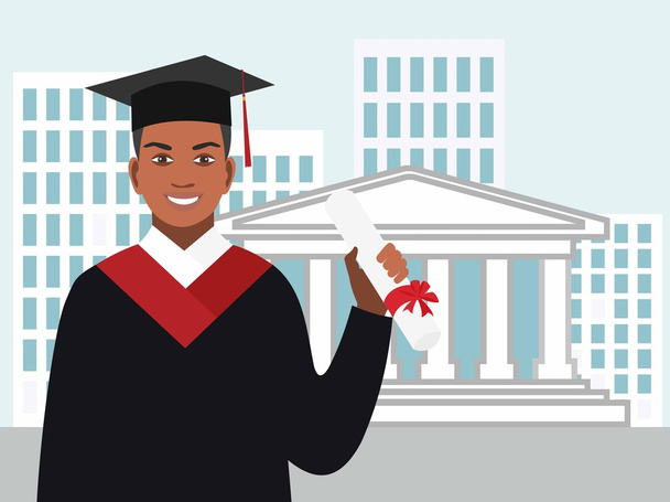 Menino graduados afro-americanos no manto contra o fundo da Universidade com um diploma em mão ilustração vetorial em design plano
. - Vetor, Imagem