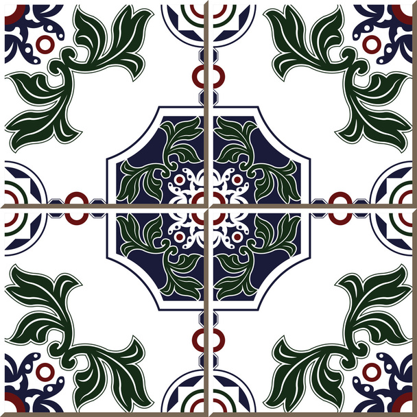 Vintage seamless wall tiles of green leaf round polygon, Moroccan, Portuguese. - Vector, Image