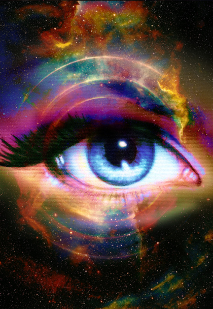 Femme Oeil et espace cosmique avec étoiles. fond de couleur abstrait, contact visuel. - Photo, image