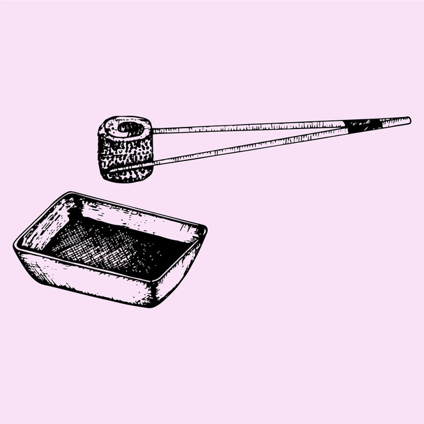 соєвий соус, японська приправа, суші, рол з паличками
, - Вектор, зображення