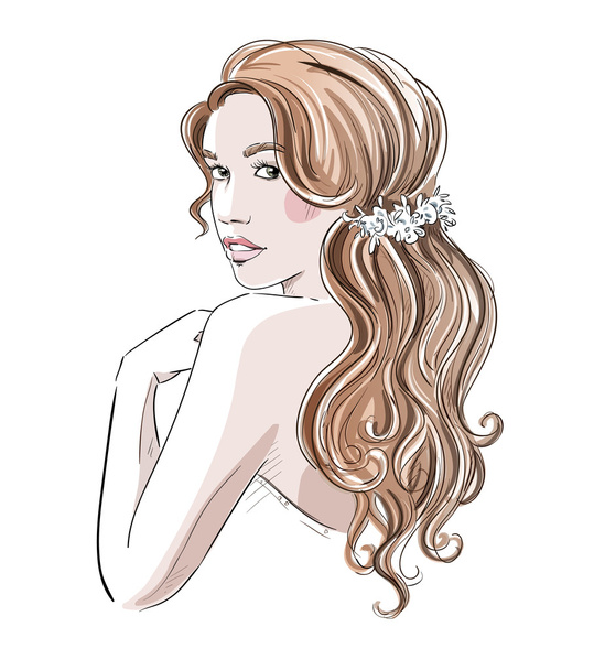 Sketch of a beautiful girl with bridal hairstyle. Fashion illust - Vector, Image