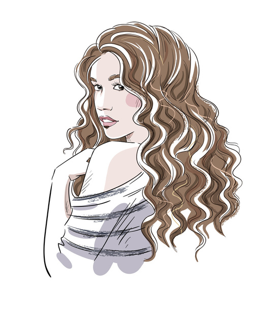 巻き毛を持つ美しい少女のスケッチ。ファッション イラスト- - ベクター画像