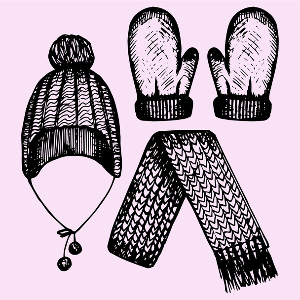 winter kleding: muts met oorkleppen, handschoenen en sjaal, doodle stijl, sketch illustratie, hand getrokken, vector - Vector, afbeelding