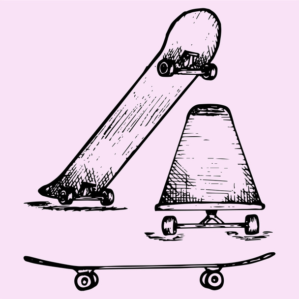 set van skateboard dek, doodle stijl - Vector, afbeelding