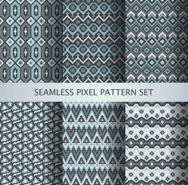 Συλλογή από γκρι pixel άνευ ραφής μοτίβα με στυλιζαρισμένη εθνική στολίδι της Γροιλανδίας. Vector εικονογράφηση. - Διάνυσμα, εικόνα