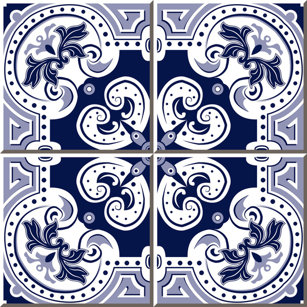 Vintage seamless wall tiles of blue spiral round dot, Moroccan, Portuguese. - Vektör, Görsel