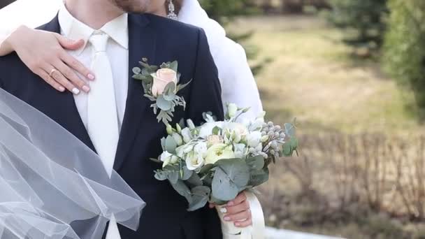 Esküvő házaspár, a gyönyörű fiatal menyasszony és a vőlegény egy parkban állandó - Felvétel, videó