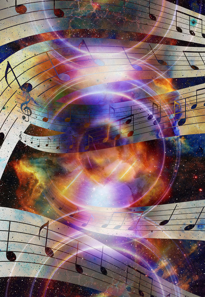 Audio música Altavoz y nota. Espacio cósmico y estrellas, fondo cósmico abstracto
. - Foto, Imagen