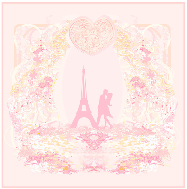 Romantic couple in Paris kissing near the Eiffel Tower Retro card - Photo, Image