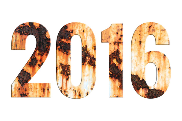 das Wort "2016" geschrieben in grungy rostiger Stahlstruktur isolieren auf weißem Hintergrund - Foto, Bild
