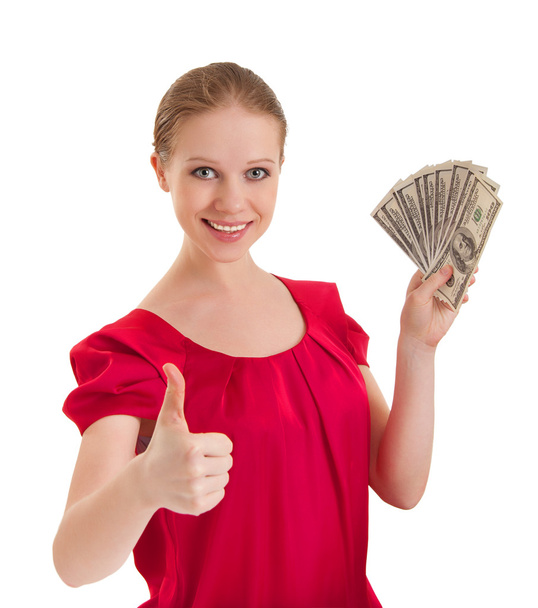 Beautiful successful young woman in a red blouse shows a thumb - Фото, изображение