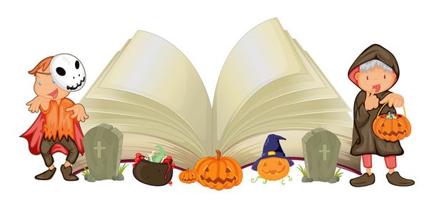 Open book and kids in halloween costumes - Vector, Image