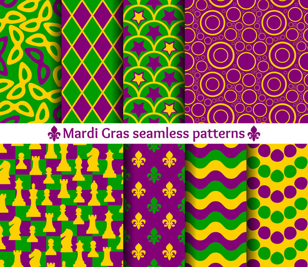 Σύνολο απρόσκοπτη μοτίβα για Mardi Gras. Παραδοσιακά χρώματα. Μάσκα, σκάκι, fleur de lis, κύκλος και κύμα. - Διάνυσμα, εικόνα
