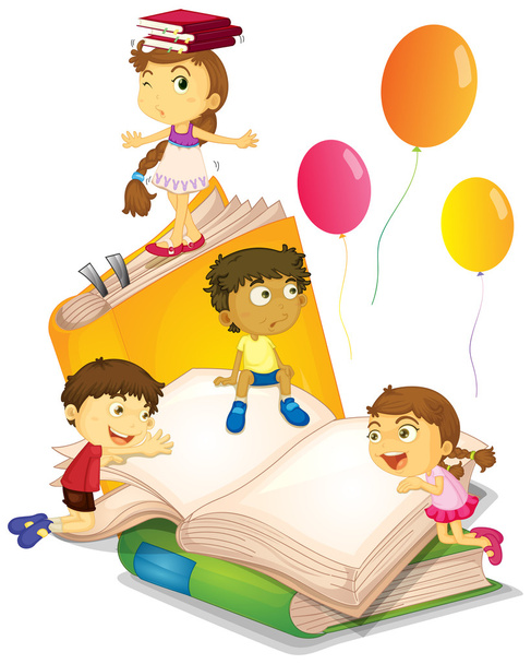 Crianças se divertindo com grandes livros
 - Vetor, Imagem