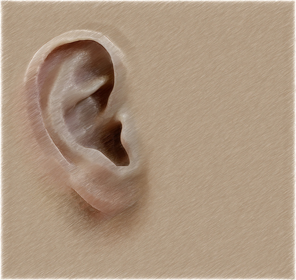 Ανθρώπινο αυτί. Ψηφιακή απεικόνιση σε ισοπαλία, σκίτσο στυλ. Φόντο - Φωτογραφία, εικόνα