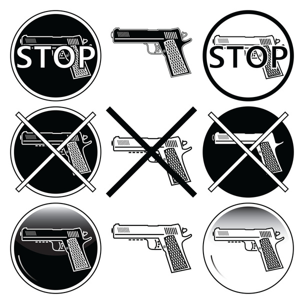 Stop selling, use and illegal, underage use of guns icons sets in black and white with button element - Vector, Image