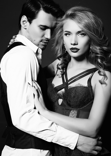 studio photo of beautiful couple, wears elegant clothes,  - Zdjęcie, obraz