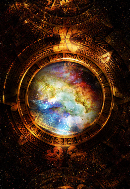 古代のマヤのカレンダーと音楽注、星、宇宙空間、抽象的な色背景、コンピューター コラージュ。スペースに円形のビュー. - 写真・画像