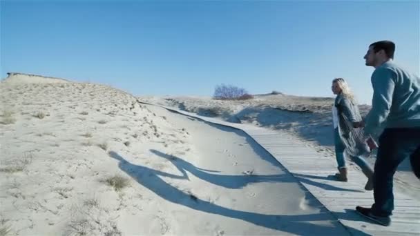 手で男性をリードし、自然の砂丘の頂上に一緒に歩く女性のスローモーション - 映像、動画