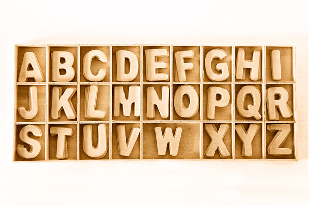Capital wooden block letter ABC alphabet set in a wood box - Foto, Imagem