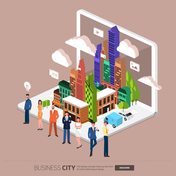 ciudad y los empresarios en el ordenador portátil
 - Vector, imagen
