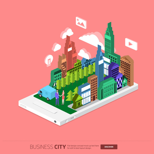 ciudad y empresarios en el teléfono móvil
 - Vector, imagen