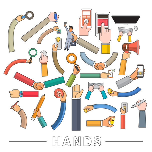 Mix of hands holding multi devices - Vector, Image