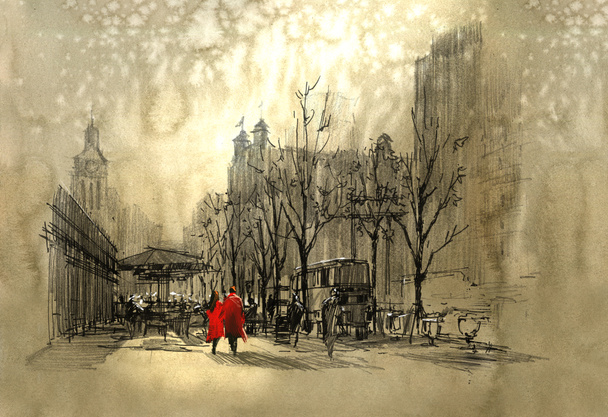 пара в червоній ходьбі на вулиці міста
 - Фото, зображення