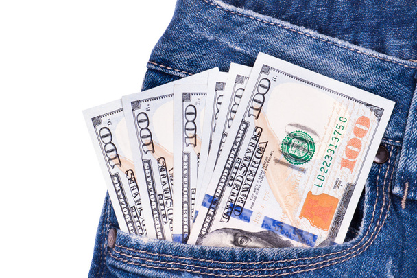 amerykański Dolar rachunki w dżinsach  - Zdjęcie, obraz